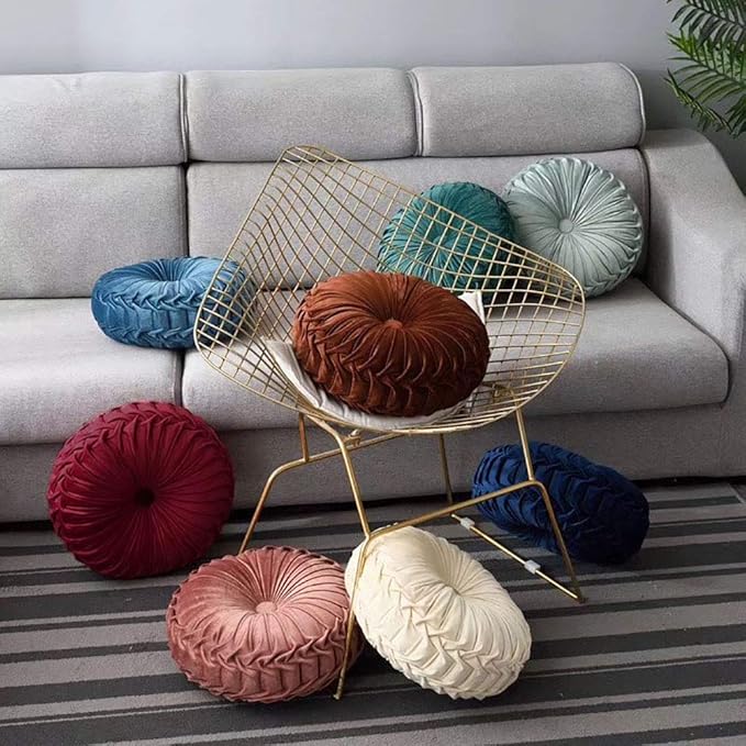 Round Throw Pillow Velvet Home Decoration Pleated Round Pillow Cushion for Couch Chair Bed Car Beige