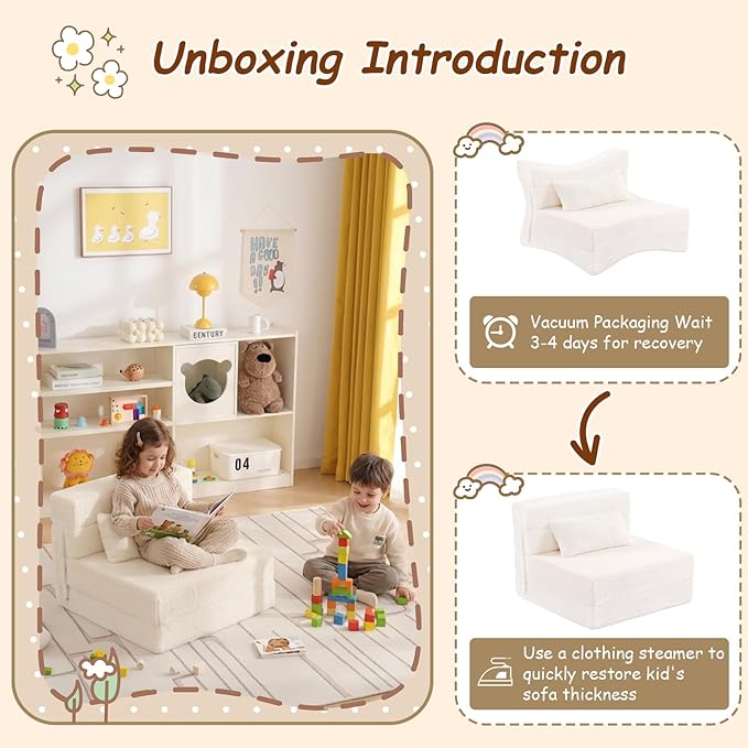 Folding Sofa Bed Beige Floor Mattress for Kids with Pillow, Toddler Washable Folded Floor Mat for Daycare, Child Fold Up Sofa Chair Bed with Storage Bag for Playroom, Camping, Girls and Boys