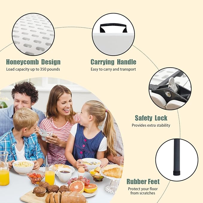 4ft Folding Table, Fold-in-Half Portable Heavy Duty Utility Outdoor Dining Card Table with Handle, Steel Legs Indoor Outdoor Use for Camping Picnic Events Party Card Games, White