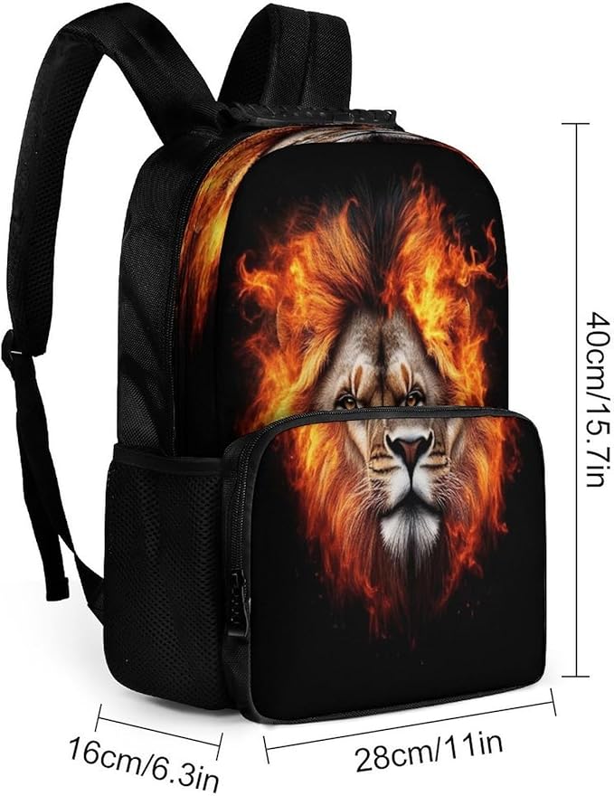 Rucksack Polyester Anti-Theft Multipurpose Cool Flaming Lion Fire Art Bookbag Big Capacity Travel and Sport Backpack Rucksack With Side Pockets