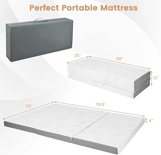 Giantex Folding Mattress, 4 Inch Gel-Infused Tri-fold Mattress with Bamboo Cover & Carry Bag, CertiPUR-US Certified, Foldable Cooling Mattress Topper for Guest Room Dorm RV Camp Floor, Queen