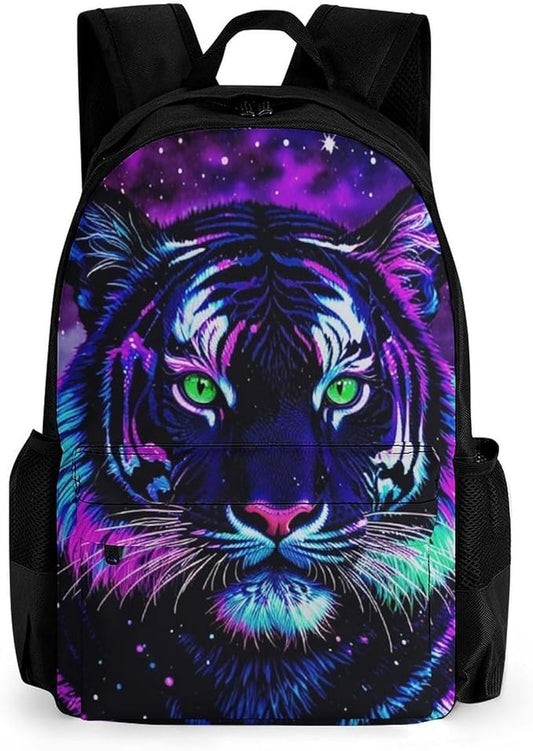 Polyester Daypack for Camping Travel Walking Cycling, Big Capacity Anti-Theft Multipurpose Bookbag, Mystic Fantasy Galaxy Sky Fantasy Wild Animals Tiger Art Camping Outdoor Backpack