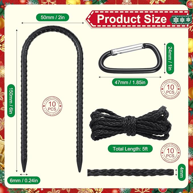 LEIFIDE 30 Pcs Christmas Inflatable Stakes Set, 6 Inch Garden Rebar Stakes Heavy Duty, 10 Ropes and 10 Hooks, Ground Anchors Black Chain Link Fence Stake for Camping Tents Outdoor Garden(U Hook)