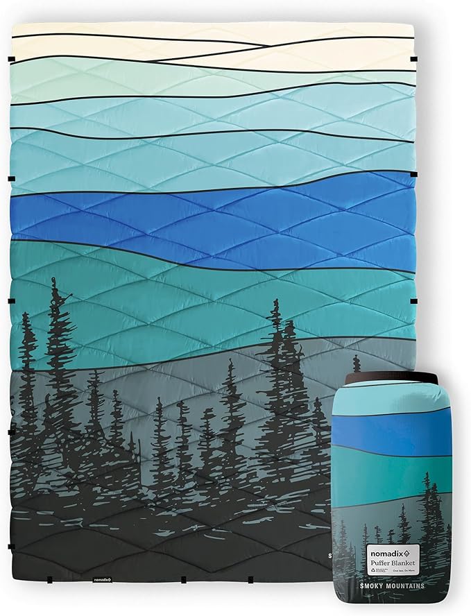 Nomadix Smoky Mountains Puffer Blanket – Water-Resistant, Eco-Friendly Insulated Blanket with Snaps for Camping, Beach, and Travel, Made from Recycled Materials
