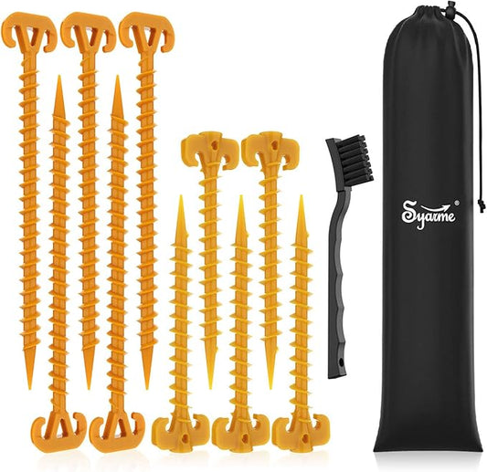 Tent Stakes Spiral Ground Anchor 11" Orange,On The Beach and Lawn for Securing Animals,Tents,Canopies and Beach Blankets Etc,Plastic Pile 10pc-Pack,Includes Brush and Bag