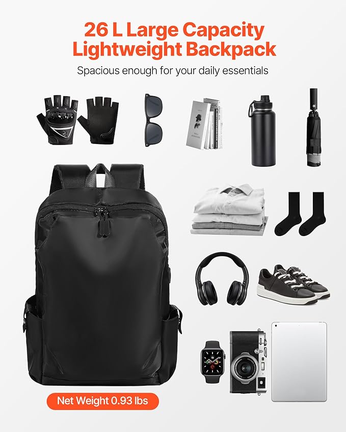 VEVOR Lightweight Backpack, 26 L Travel Hiking Backpack, Water-Resistant Backpacks with USB Charging Port and Anti-Theft Pocket, Fits 15.6 in Laptop, for Men & Women Travel Camping Riding