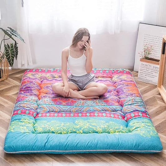 MAXYOYO Bohemian Retro Mattress Boho Floral Style Japanese Futon Mattress Tatami Floor Mat Foldable Lounger Portable Camping Sleeping Pad Couch Bed Twin Size