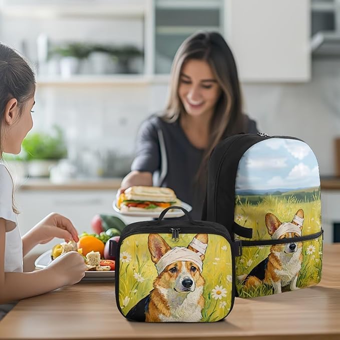 HUGS IDEA Corgi School Backpack for Girls 6-8 Cute Bookbag for Preschool Girls Kids Schoolbag with Lunchbox 17 Inch School Back Pack for Elementary Students Supplies