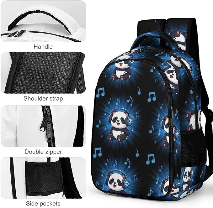Waterproof Hiking Backpack Panda Animal Headphones Music, Anti Theft Travel Laptop Rucksack with Multi Compartments for Men Women Outdoor Sports