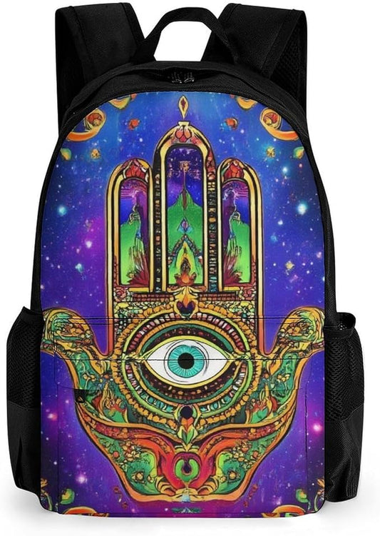 Daypack Bookbag Anti-Theft Multipurpose Large Capacity Bookbag, Colorful Eye Hamsa Hand Lotus Ethnic Indian Art Travel Hiking Camping Rucksack With Adjustable Shoulder Straps