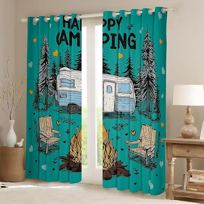 Feelyou Green Camping Camper Rv Blackout Curtains Rustic Farmhouse Camper Darkening Drapes for Bedroom Living Room Decor Happy Camping Thermal Insulated Shades Window Treatments, 2 Panels 52 x 90 Inch