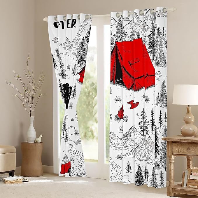 Feelyou Camper Camping Blackout Curtains Rustic Farmhouse Animal Bear Darkening Drapes for Bedroom Living Room Decor Camping Thermal Insulated Shades Window Treatments, 2 Panels 42 x 84 Inch
