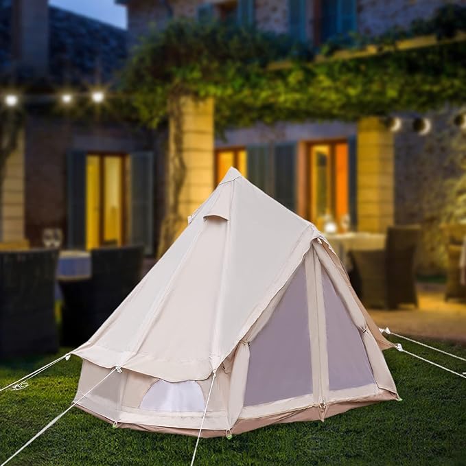 Bell Tent 118" All-Season Waterproof Canvas Camping Tent, 6.5ft Center Pole Polyester Cotton Tent for 2 Person with PVC Floor, Windproof Outdoor Camping Tent