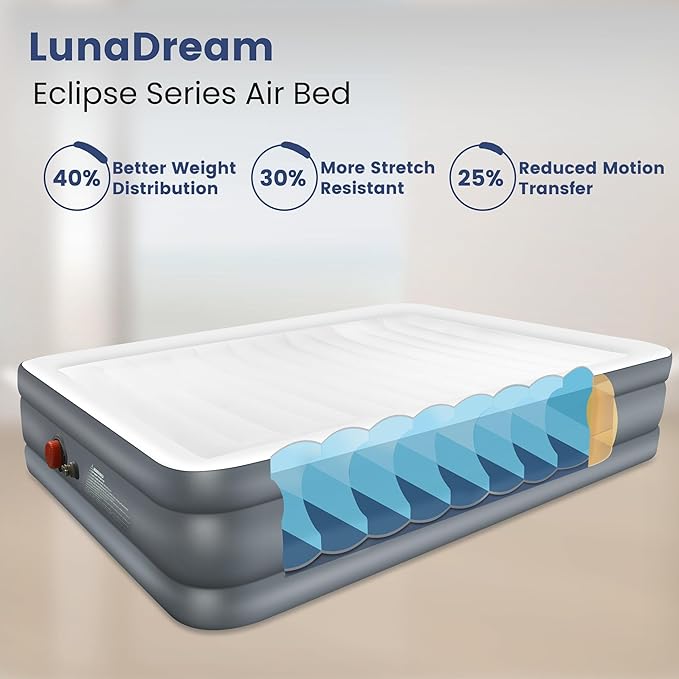 LunaDream Eclipse Series Queen Air Mattress with USB Rechargeable Built-in Pump, Wireless Inflatable Airbed, Durable Leakproof Design, Portable for Home & Camping
