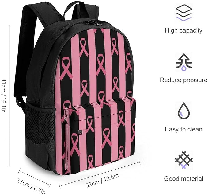 Lightweight Rucksack for Sports Travel Running, Big Capacity Multipurpose Anti-Theft Bookbag, Breast Cancer Awareness Stripes Ribbon Black Travel and Sport Backpack Rucksack