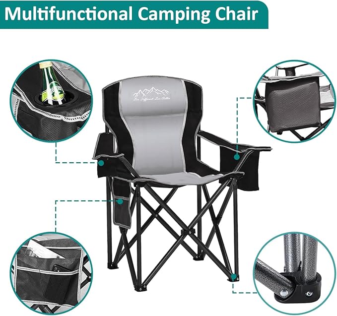 Camping Chair with Cooler Bag, Cup Holder, Storage Pocket, Heavy Duty 450lbs Capacity with Large Anti-Sink Feet, Portable Folding Padded Chair for Outdoor, Beach, Fishing, Sports, Black 2Pack