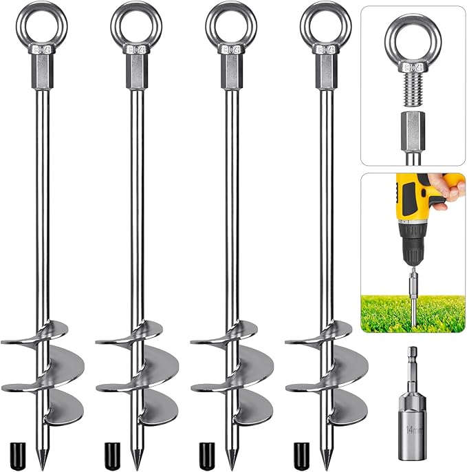 Dolibest 18" Heavy-Duty Ground Anchors Screw in, 3" Wide Spiral Earth Anchors for Swing Set, Wind Resistant Mobile Home, Trampoline, Sheds - Fully Welded Ground Anchors-Set of 4