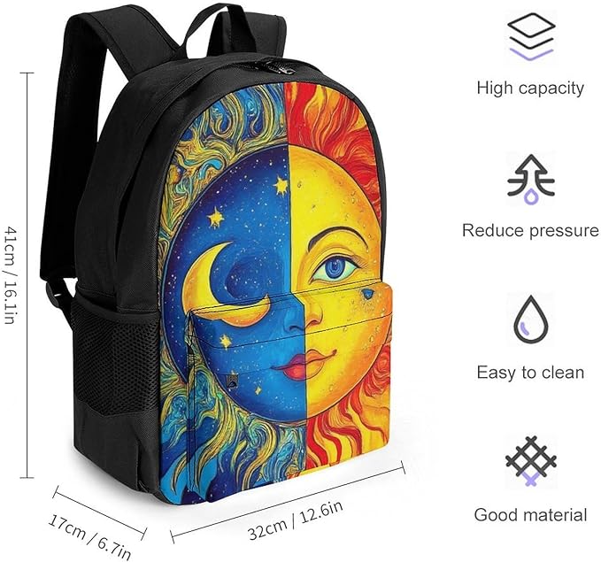 Supdreamc Men Women Polyester Blue Yellow Sun Moon Art Casual Daypack Large Capacity Carry On Bag With Adjustable Shoulder Straps for Camping Work Running