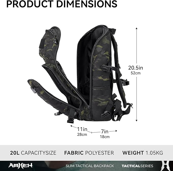 20L Slim Tactical Backpack - Suspended 13" Laptop Compartment, Rugged MOLLE Daypack for Everyday Carry, Work, Travel (Black Camo)