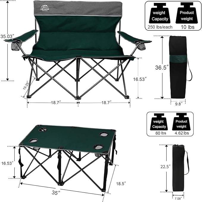 Oversized 4 Pcs Camping Chair Set with Table,Outdoor Folding Heavy Duty Lawn Chair,Cup Holder,Portable,Loveseat Chair Perfect for Family Hiking,Picnics and Beach Trips,Dark Green
