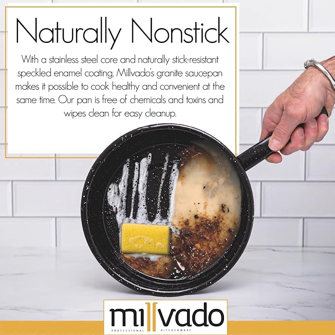 3 Quart Granite Saucepan, Naturally Nonstick Sauce Pots, Speckled Enamel Ware Cookware, Small Sauce Pan for Cooking and Boiling - Granite Cooking Pot for Stovetop, Campfire, Outdoor Stove