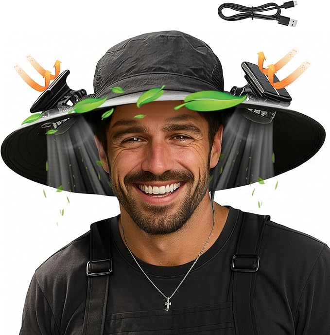 Solar Fan Hat,2025 Wide Brim Sun Cap with 2 Solar Sun Protection Fans,Waterproof UPF 50+ Bucket Fishing Hat with Fan Built in Black