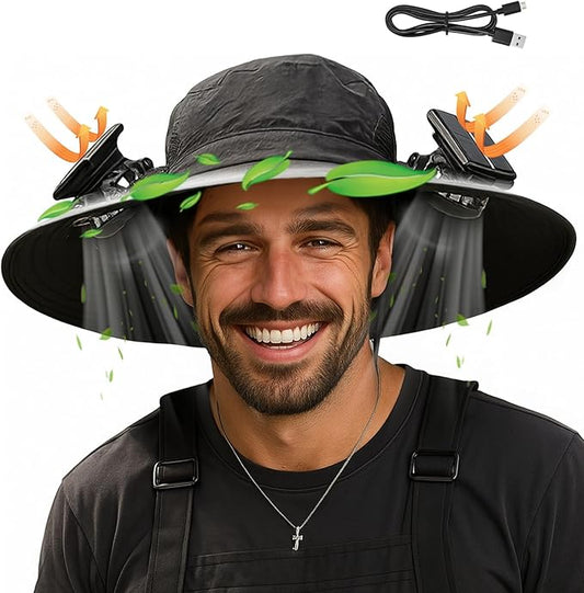 Solar Fan Hat,2025 Wide Brim Sun Cap with 2 Solar Sun Protection Fans,Waterproof UPF 50+ Bucket Fishing Hat with Fan Built in Black