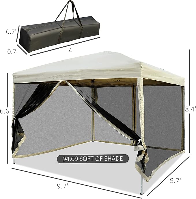 Outsunny 210D Oxford 10' x 10' Pop Up Canopy Tent with Netting, Instant Screen Room House, Tents for Parties, Height Adjustable, with Carry Bag, for Outdoor, Garden, Patio