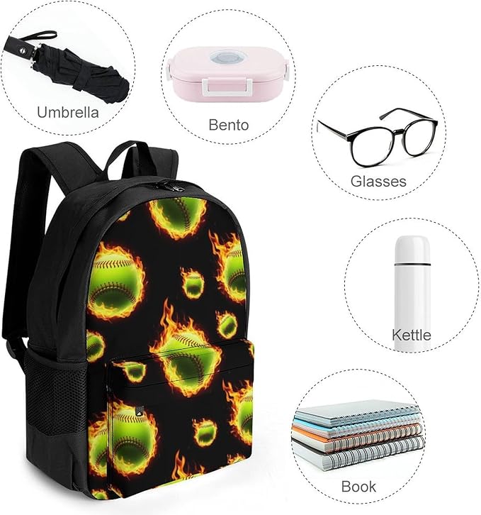Supdreamc Men Women Lightweight Fire Flame Softball Baseball Casual Daypack Big Capacity Bookbag With Padded Straps for Gym Travel Walking Cycling