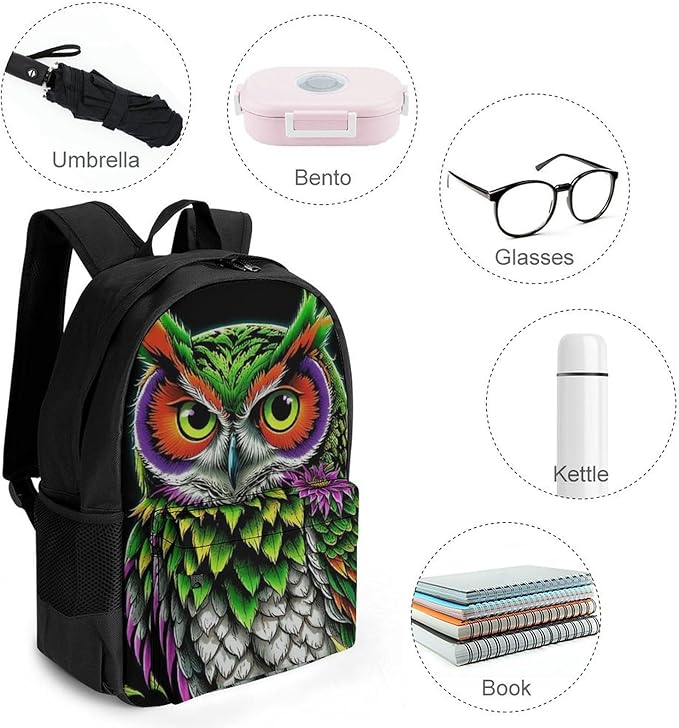 Supdreamc Women Men Polyester Owl Green Weedleaf Art Casual Daypack Large Capacity Bookbag With Side Pockets for Sports Picnic Walking Cycling