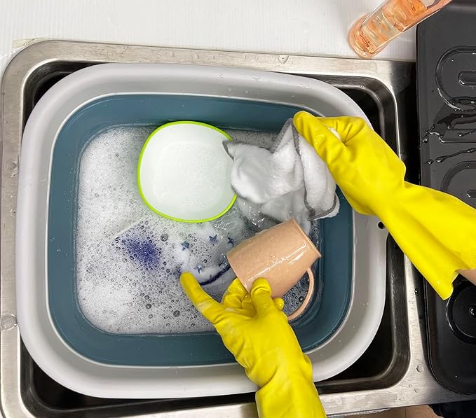 SAMMART 15L (3.9 Gallon) Collapsible Dishpan with Draining Plug - Foldable Washing Basin - Portable Dish Washing Tub - Camping & Space Saving Kitchen Storage Tray (Grey/Steel Blue)
