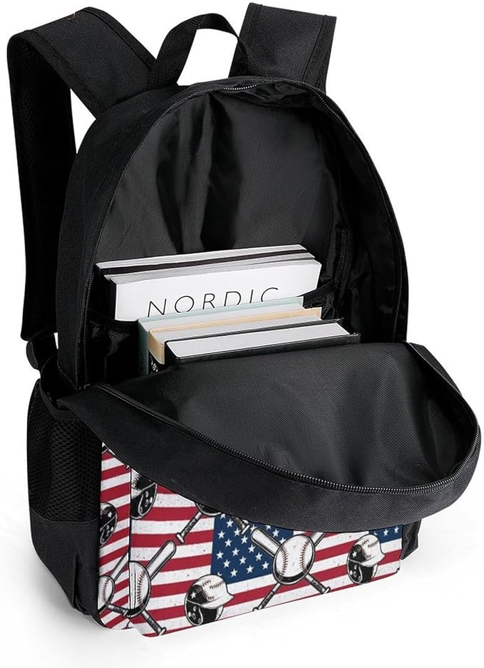 Daypack Backpack Anti-Theft Multipurpose Large Capacity Carry On Bag, Vintage Baseball American Flag Traveling Camping Backpack With Side Pockets