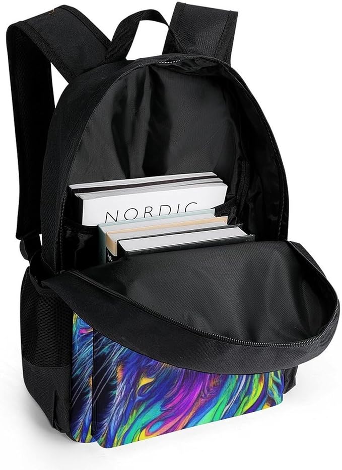 Daypack Bookbag Multipurpose Anti-Theft Big Capacity Carry On Bag, Colorful Trippy Cat Travel Hiking Camping Rucksack With Padded Straps