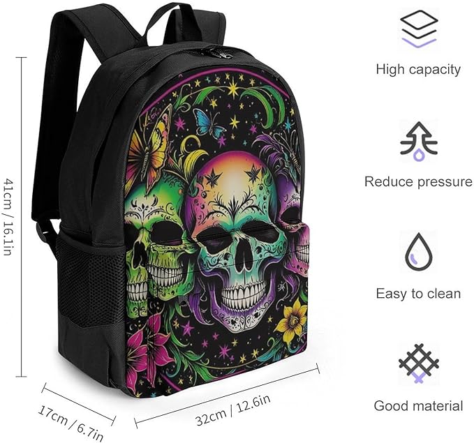 Supdreamc Men Women Lightweight Psychedelic Skull Sbutterflies Art Backpack Large Capacity Carry On Bag With Padded Straps for Sports Work Walking Cycling