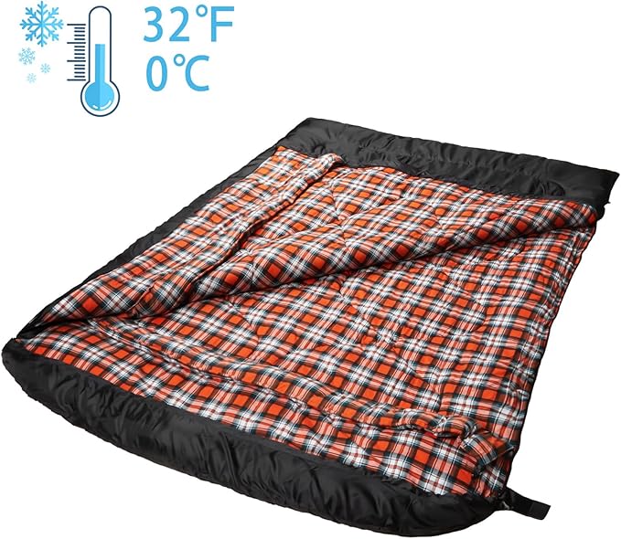 AGEMORE Cotton Flannel Double Sleeping Bags for Adults, Cold Weather Waterproof Queen Size Sleeping Bag, 2 Person Double Wide Warm Sleeping Bag for Family or Couples Outdoor Camping or RV Traveling