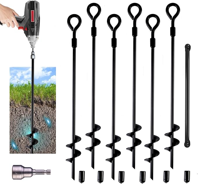 MIXXIDEA18 Inch Ground Anchors Screw in Folding Ring Spiral Metal Ground Stakes Dog Tie Out Stake Spiraling Anchor Trampoline Anchors for Tent (black-6pk)