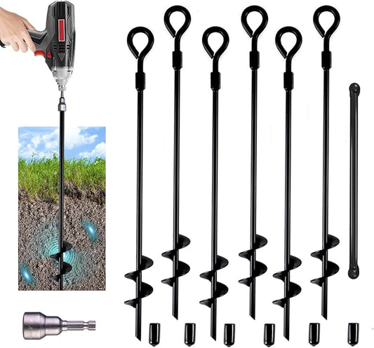 MIXXIDEA18 Inch Ground Anchors Screw in Folding Ring Spiral Metal Ground Stakes Dog Tie Out Stake Spiraling Anchor Trampoline Anchors for Tent (black-6pk)
