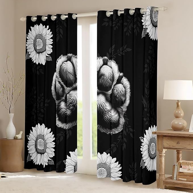 Manfei Bear Paw Print Blackout Curtains Sunflower Leaves Print Window Drapes,Wild Animal Footprints Window Treatments,Kids Boys Girls Room Decor,Grommet Top 2 Panel Set Bedroom Curtains, 52Wx84L inch