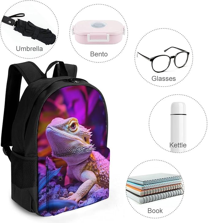 Daypack Backpack Multipurpose Anti-Theft Large Capacity Bookbag, Purple Art Cool Bearded Dragon Lizards Travel Hiking Camping Rucksack With Adjustable Shoulder Straps