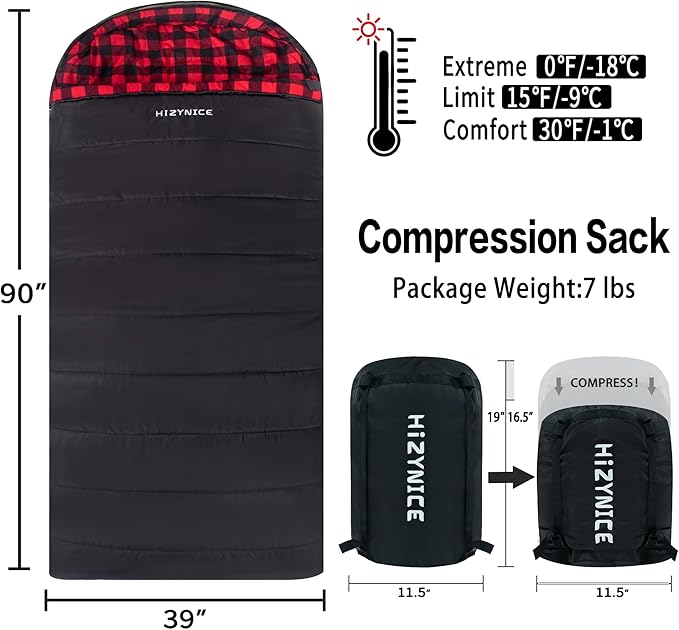 Cold Weather Sleeping Bag 100% Cotton Flannel XXL for Adults Big and Tall,Free Compression Sack