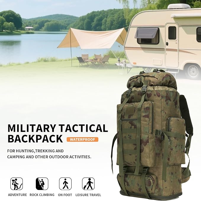 100L Hiking Camping Backpack MOLLE Rucksack Waterproof Daypack (RuinGreen)