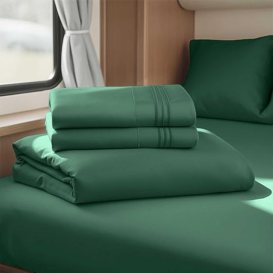 Hearth & Harbor Short Queen Sheets for RV, Dark Green RV Queen Sheets, Silky Soft 1800 Microfiber Bed Sheet for Camper, 4 Piece RV Bedding with Pillowcases