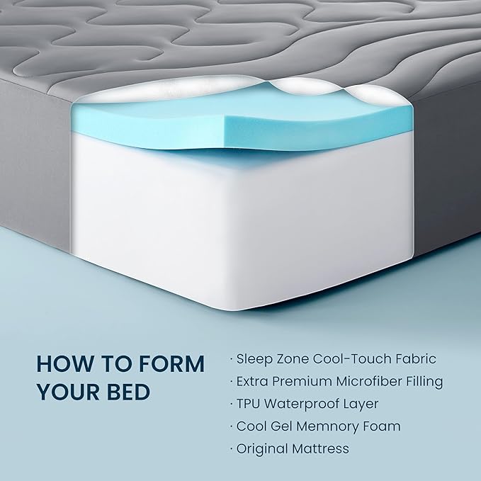SLEEP ZONE Dual Layer 3 Inch Memory Foam Thick Mattress Topper, 2 inch Cooling Gel Memory Foam Plus 1 inch Waterproof Pillowtop Mattress Pad Cover, Comfort Support (Twin)