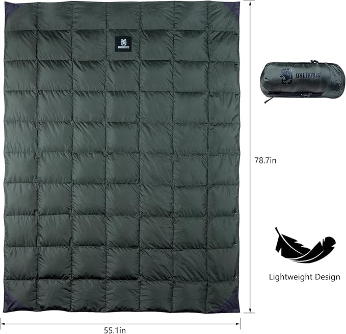 ONETIGRIS Down Camping Blanket for Cold Weather Packable Puffy Backpacking Lightweight Quilt Hiking Gardening Travel Beach Picnic (OD Green)