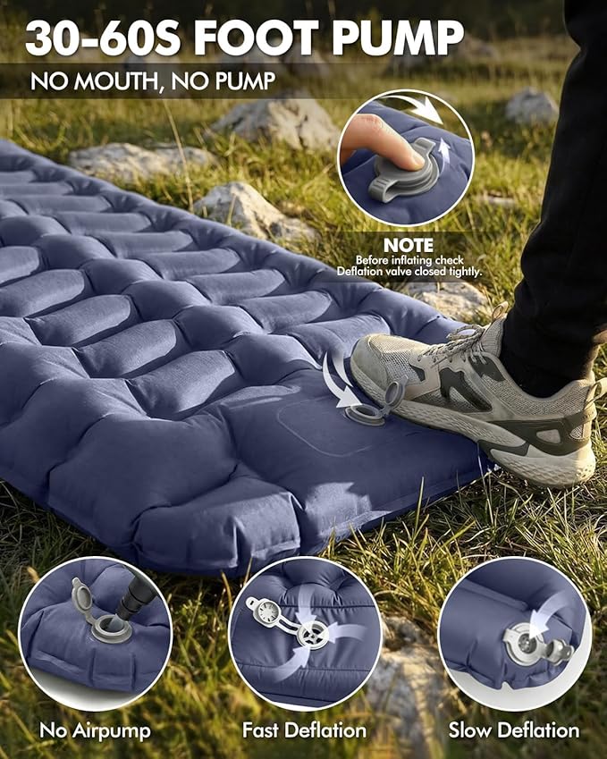 Ultralight Inflatable Camping Sleeping Pad with Built-in Pillow & Foot Pump, 3” Thick Compact Air Mattress for Backpacking, Hiking, Traveling, Tent Camping, Dark Blue