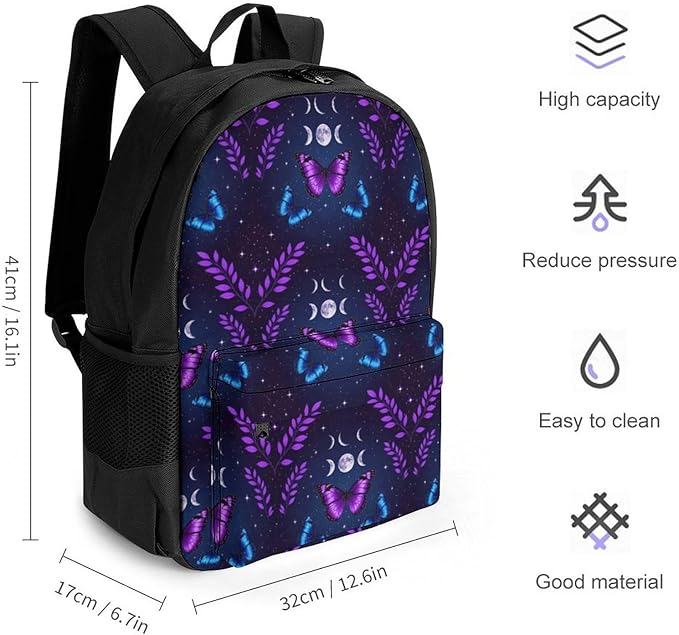 Supdreamc Polyester Daypack Backpack for Climbing Outdoors Running, Big Capacity Multipurpose Anti-Theft Bookbag, Magic Moon Moth Butterfly Mystical Goth Astrology Art Travel Hiking Camping Rucksack