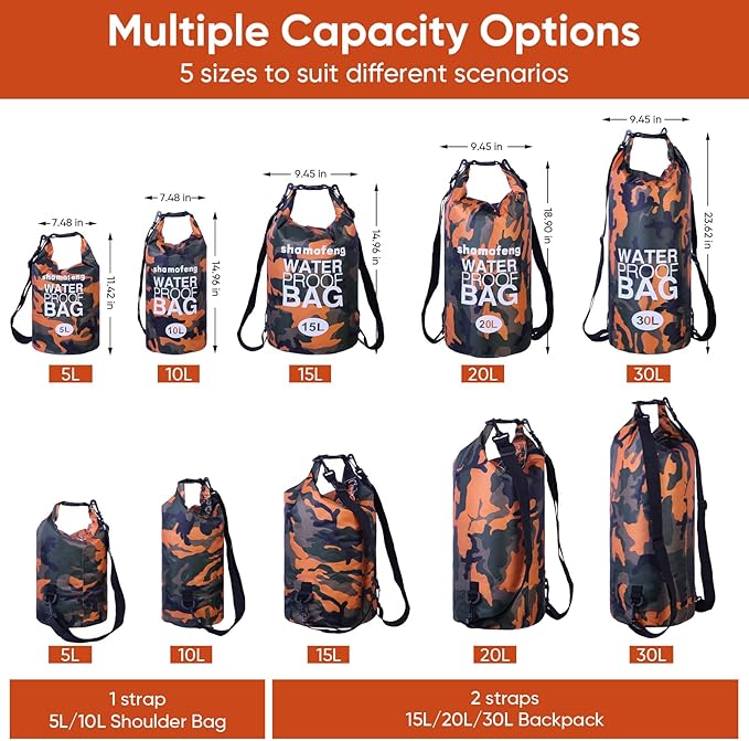 Waterproof Dry Bag 5L/10L/15L/20L/30L Roll Top Dry Storage Backpack with Phone Case, Collapsible Water Bottle, Sunglasses, Ear Band for Kayaking Boating Swimming Fishing Camping, Orange 30L