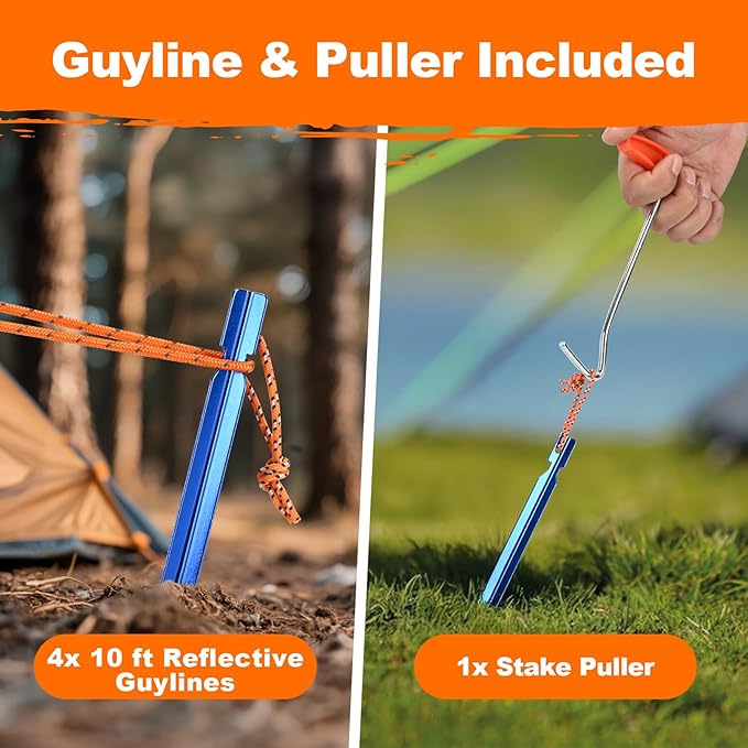 7 Inch Ultralight Aluminum Tent Stakes (8Pcs) – Includes 4X 10ft Guylines, Puller & Storage Bag. Non-Rust Metal Ground Spikes Tent Pegs for Camping.