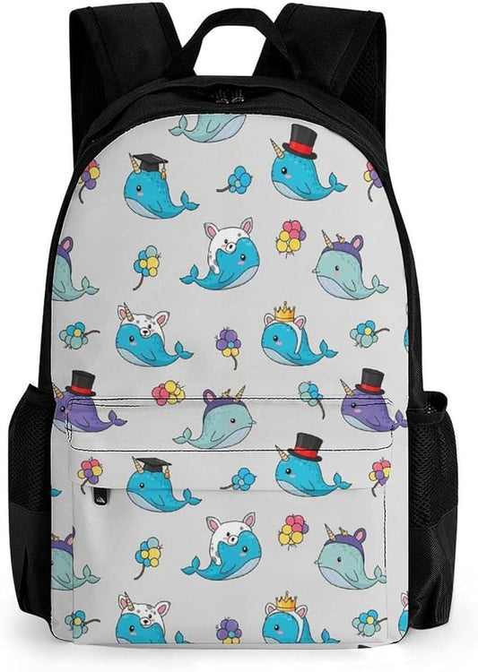 Rucksack Anti-Theft Multipurpose Big Capacity Carry On Bag, Narwhals With Hats Traveling Camping Backpack With Side Pockets
