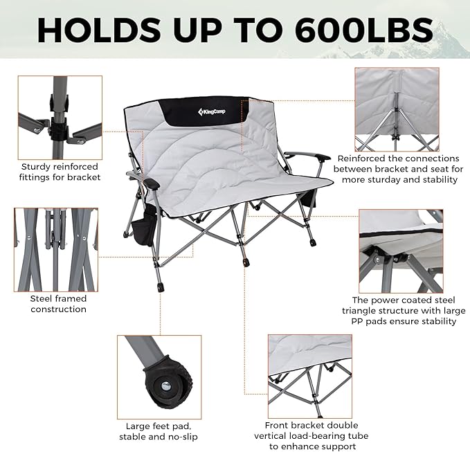 KingCamp Double Camping Chair for Adults, Oversized 2-Person Portable Folding Chair 600 lbs Heavy Duty Outdoor Loveseat with Armrest Cup Holders, Padded Seat and Back for Camping Picnic Patio